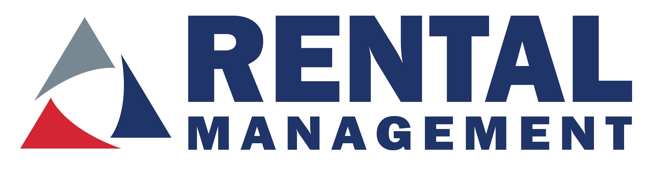 Three overlapping triangles (gray, blue, red) beside bold blue text: "RENTAL MANAGEMENT" on a white background.