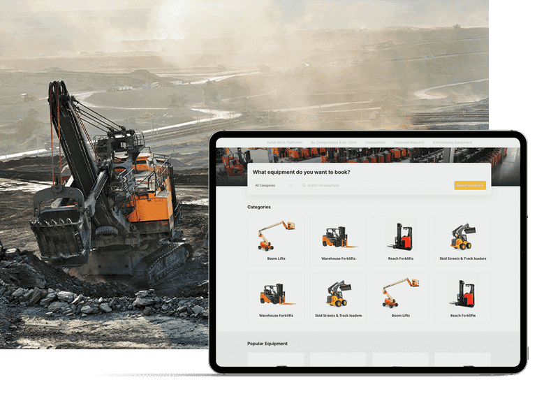 An excavator digging at a construction site beside a tablet showing equipment-booking options.