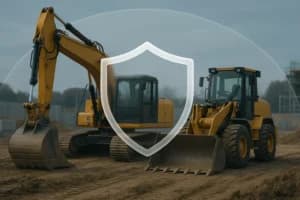 Two bulldozers parked on a construction site with a translucent shield icon overlaid, suggesting protection.