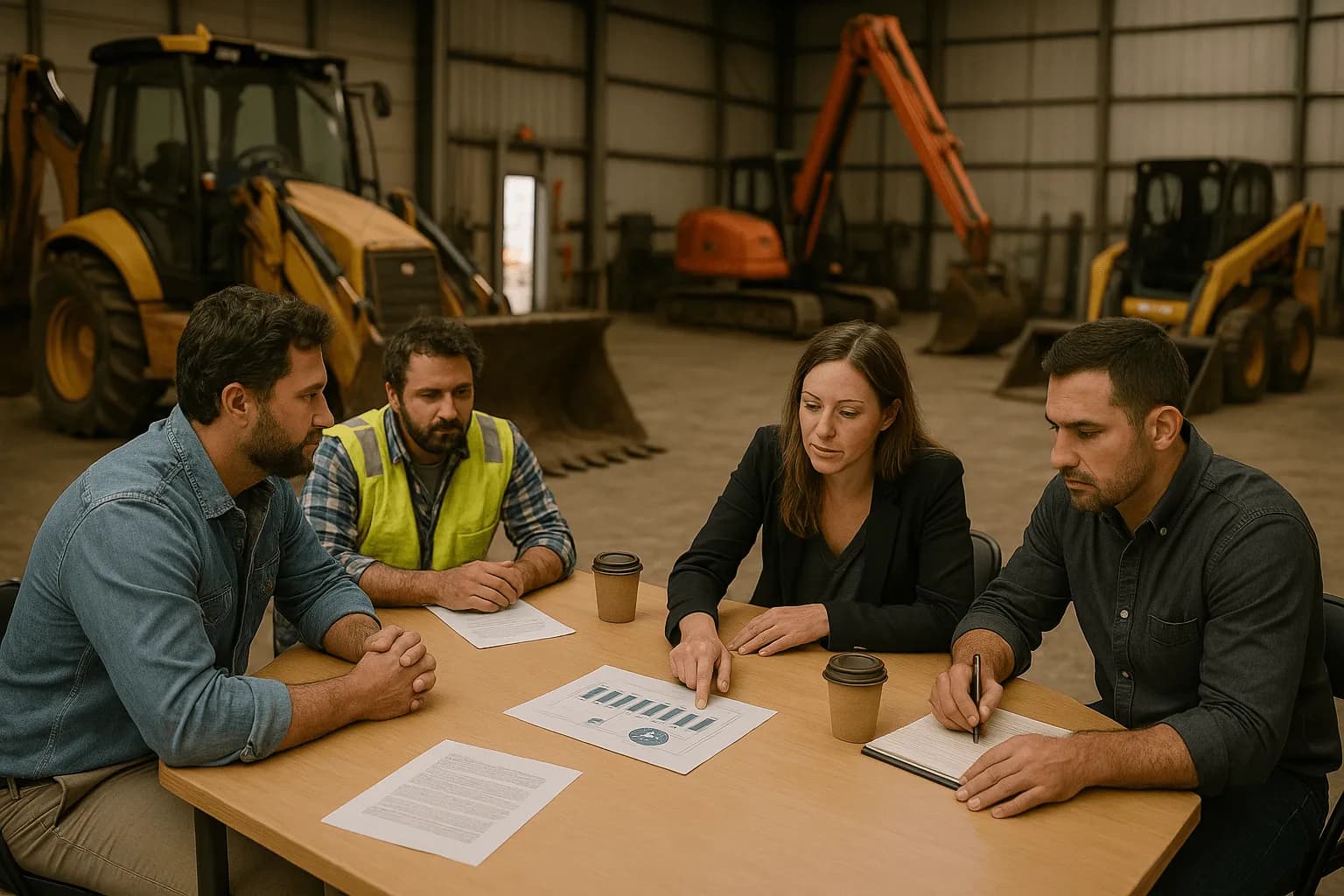 Four people reviewing documents and charts at a table, with construction vehicles in a warehouse behind them.