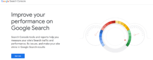 Text reads: "Improve your performance on Google Search. Search Console tools and reports help you measure your site's Search traffic and performance, fix issues, and make your site shine in Google Search results." Below is a "Start now" button. On the right, a multi-colored performance gauge displays various levels.
