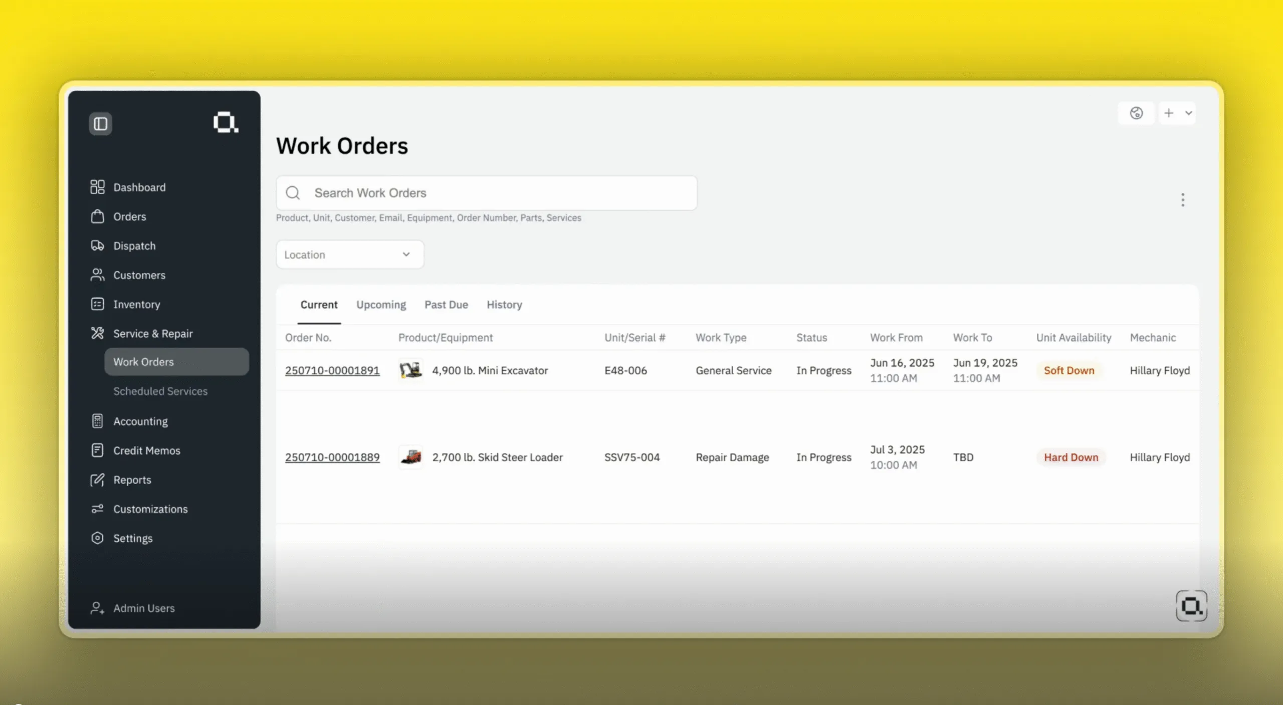 Work-orders dashboard listing equipment, status, dates, and mechanics, with a sidebar navigation menu.