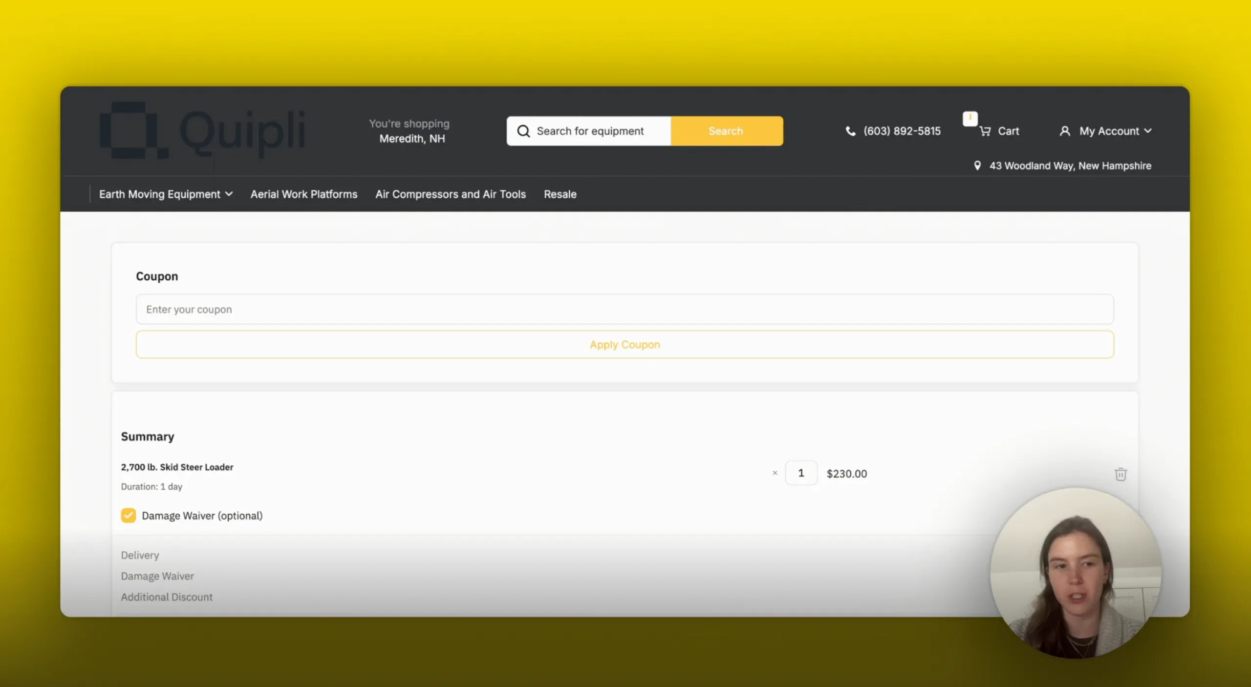 Equipment rental site showing a skid steer listing with delivery and damage-waiver options and a video verification call.