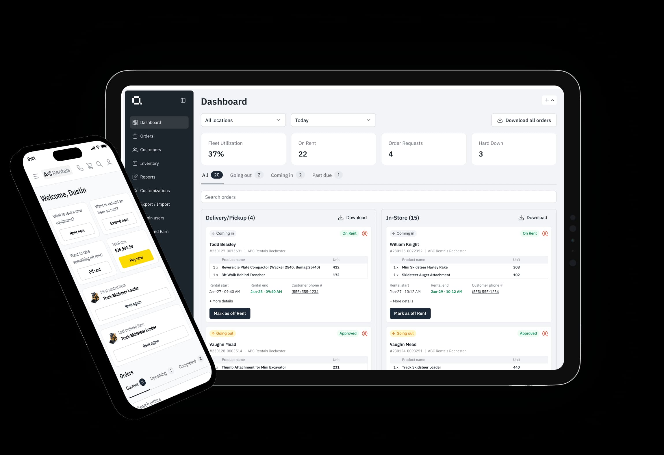 The Quipli platform — dashboard on desktop and the rental app on mobile