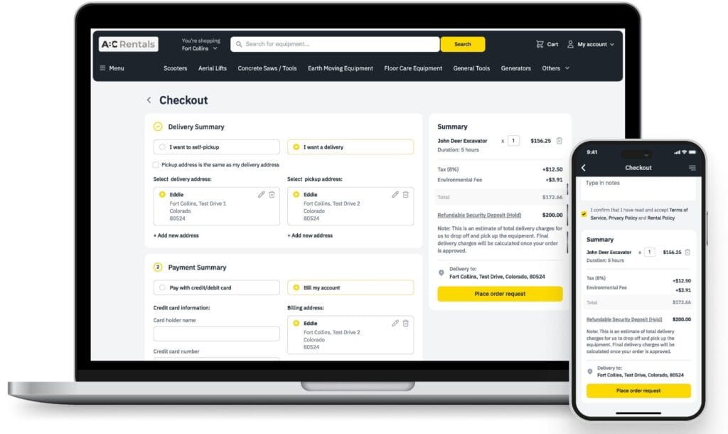 A customer reviewing rental dates and paying online through Quipli's checkout.