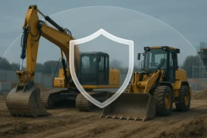 image of two bulldozers with an insurance shield
