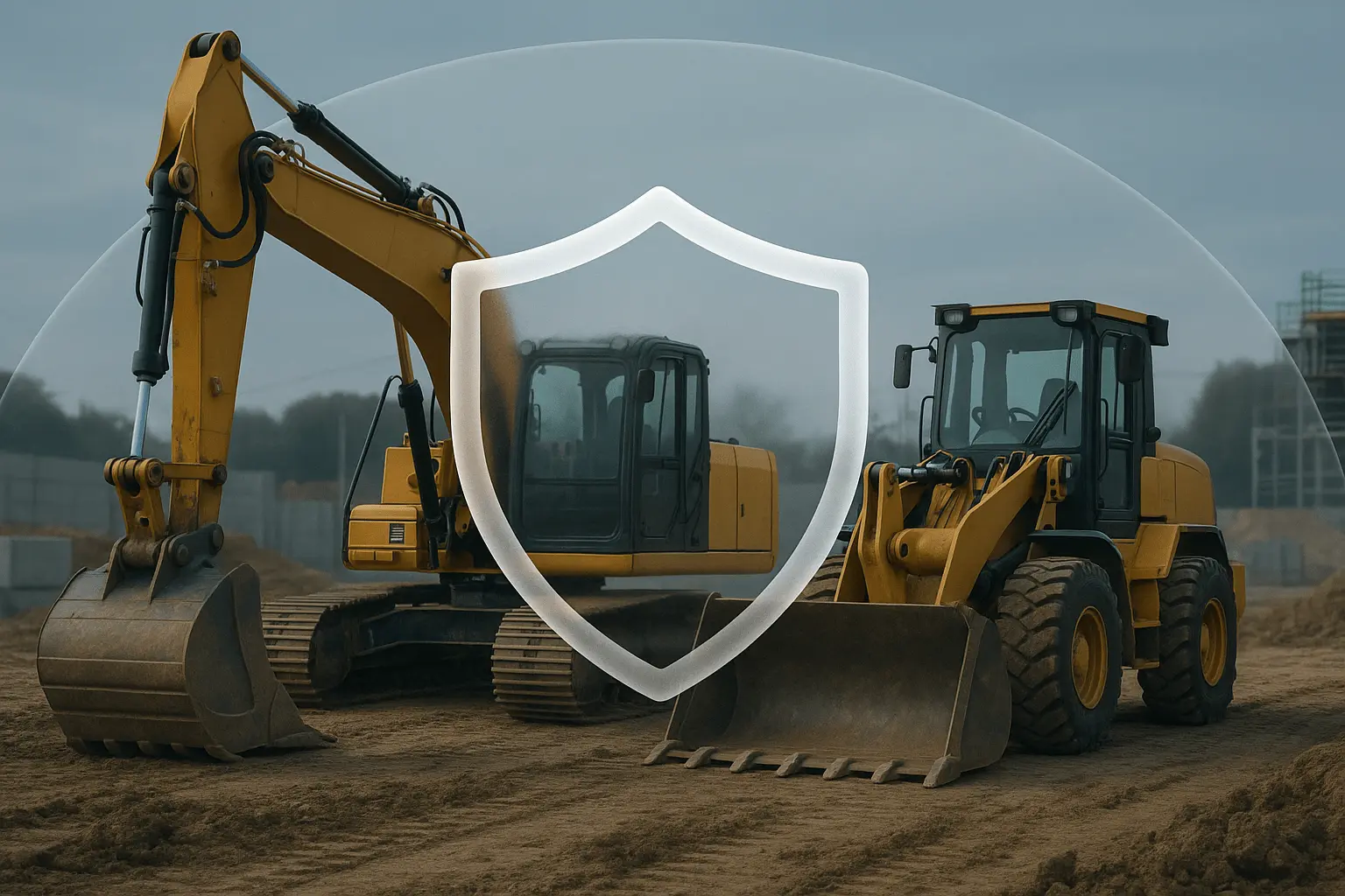 Two bulldozers are parked on a construction site, facing forward. A translucent shield icon overlays the image, suggesting protection or safety in an outdoor, industrial environment.