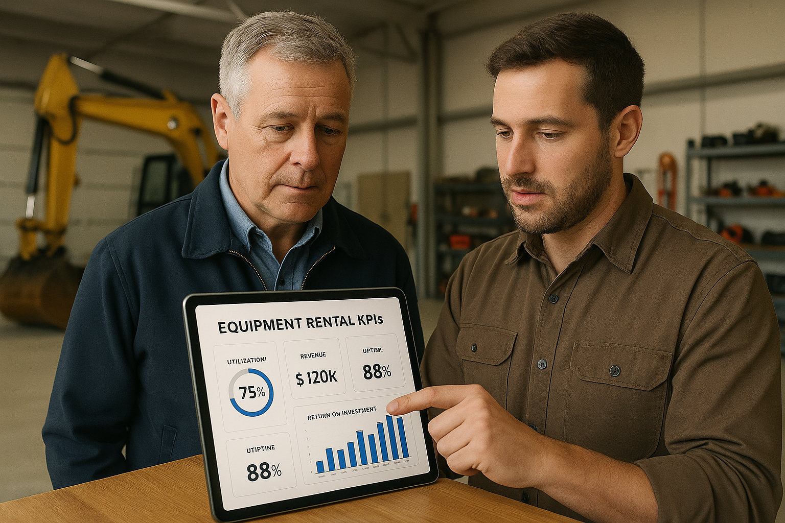 photo of equipment rental operators reviewing their KPI reports