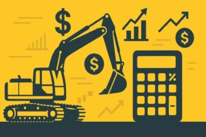 An excavator digs beside a large calculator, surrounded by ascending graphs and dollar symbols, illustrating financial growth in a construction context.