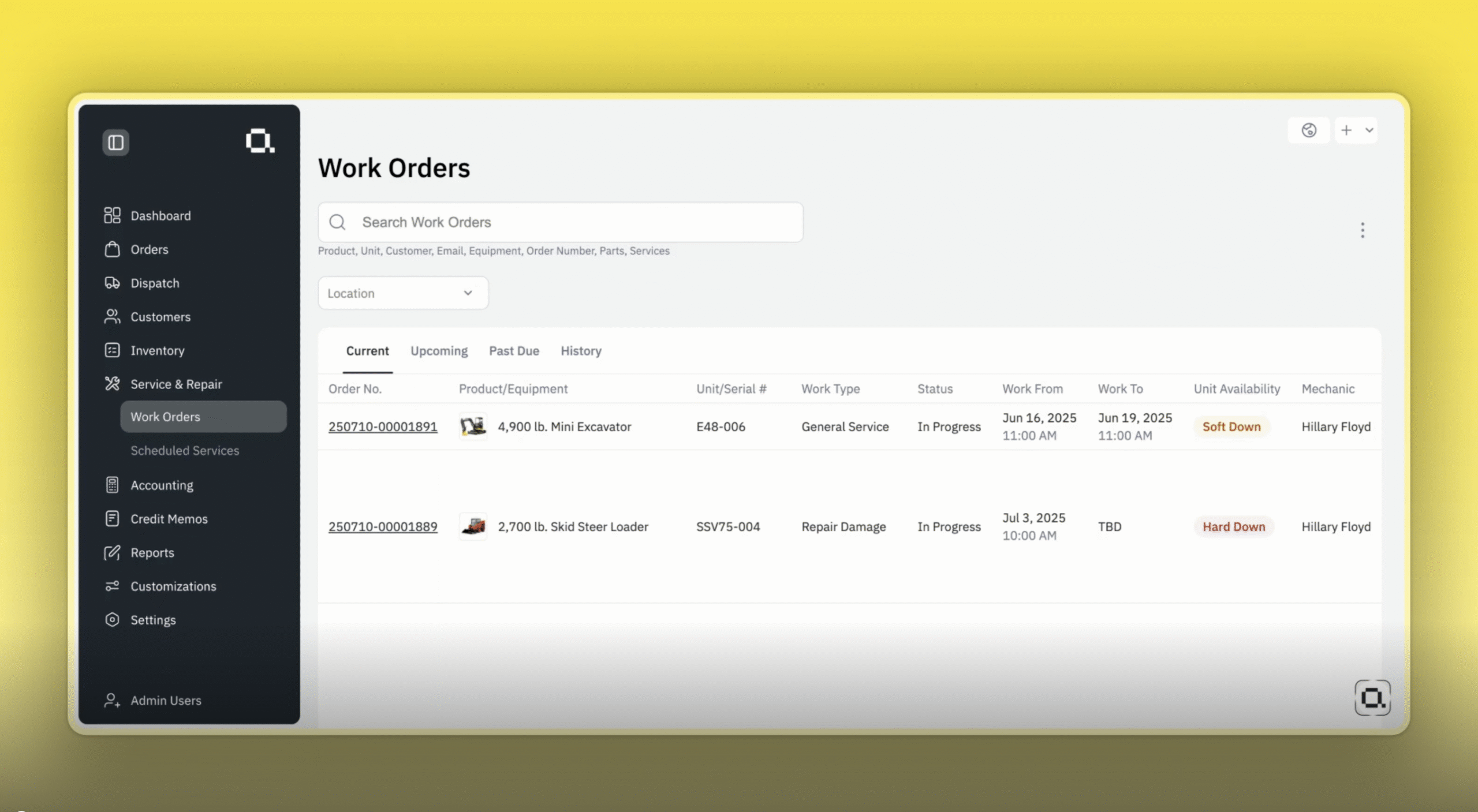 Dashboard interface displays work orders listing equipment, status, dates, and mechanics. Sidebar menu on left includes Dashboard, Orders, Customers, Inventory, and more options. Bright yellow background surrounds the screen.