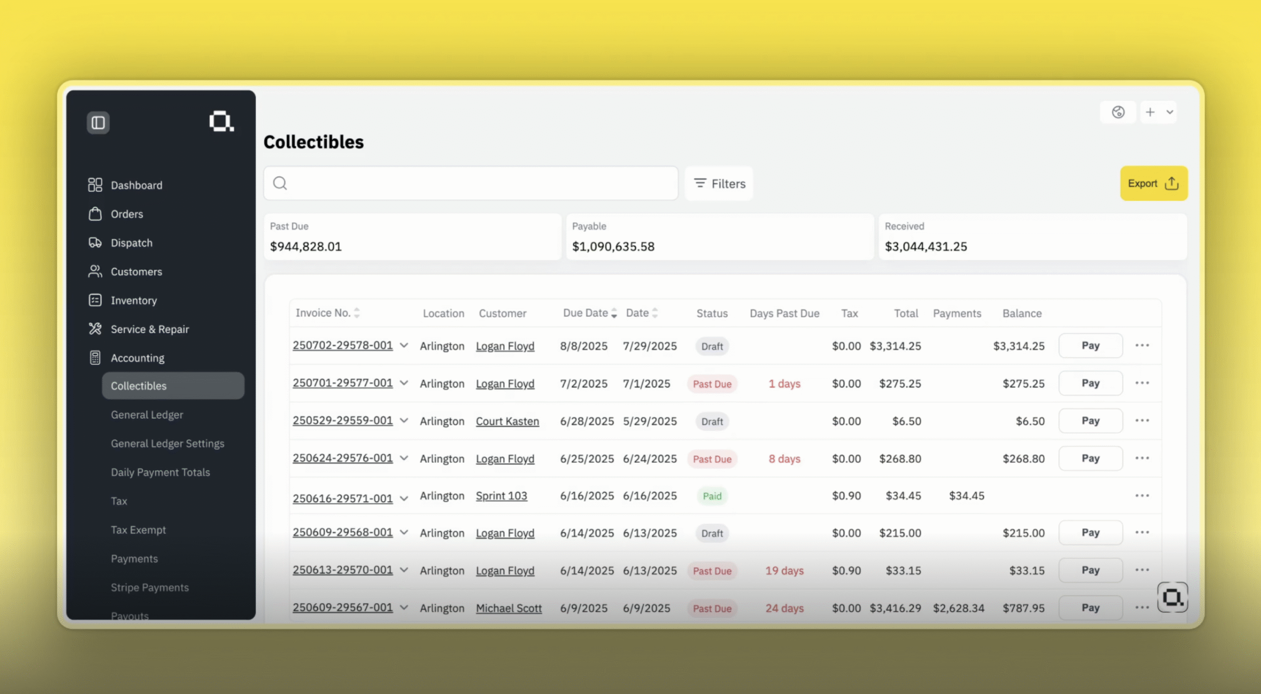 A digital dashboard displays accounting information under "Collectibles" with invoice details, statuses (e.g., "Past Due," "Paid"), and financial summaries. A menu on the left includes navigation options like "Orders" and "Inventory."