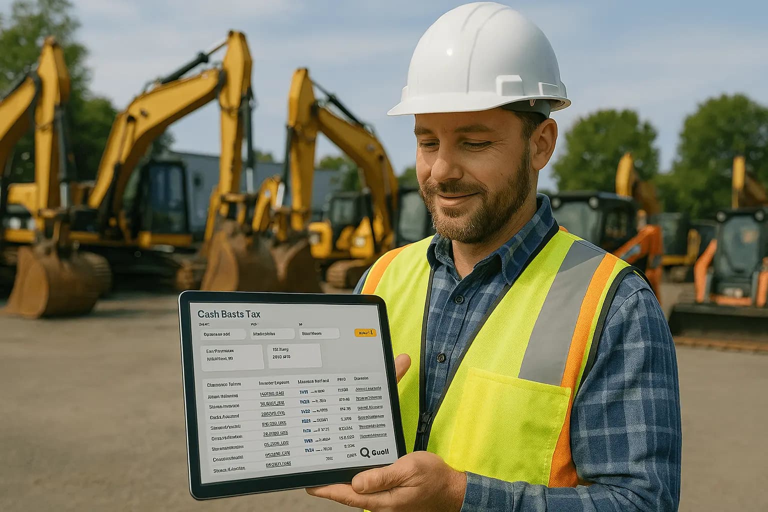 A worker in a hard hat and safety vest holds a tablet showing the Cash Rental Tool by parked construction vehicles.