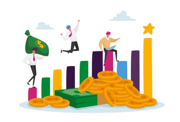 Two figures celebrate atop colorful bar graphs, one holding a money bag, while another sits on stacked coins and banknotes, under a bright sky with clouds and a star.
