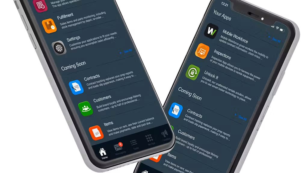 Two smartphones display an app interface with categories like "Mobile Workforce," "Inspections," and "Unlock It." Sections include "Coming Soon," "Contracts," "Customers," and "Items" in a dark-themed design.
