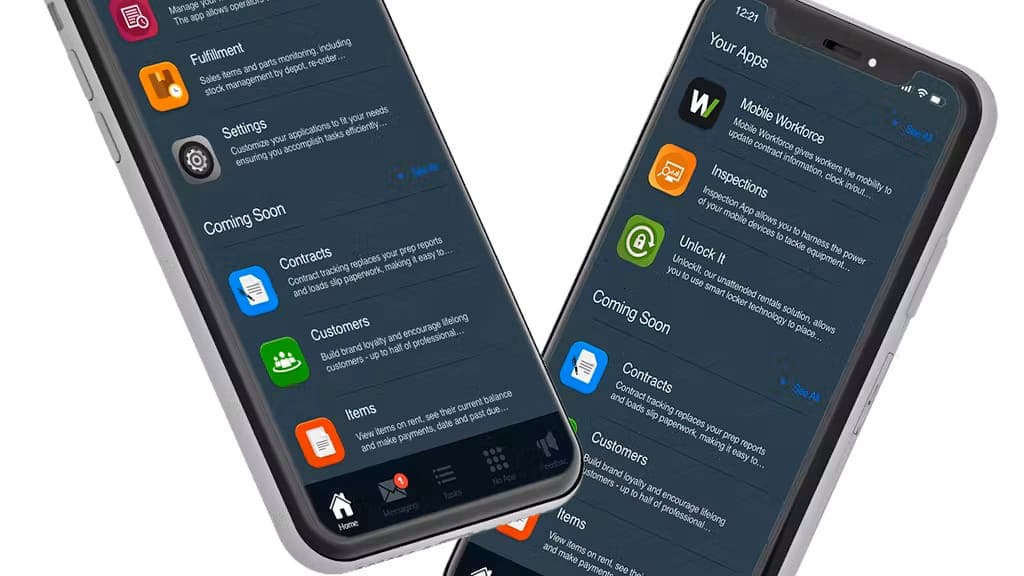 Two smartphones showing the Quipli app interface with feature categories in a dark theme.