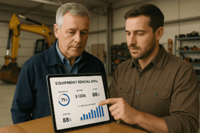 Equipment rental operators reviewing their KPI reports.